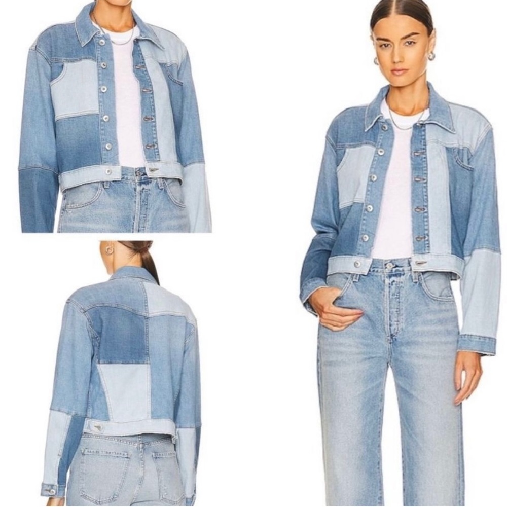 JONATHAN SIMKHAI STANDARD Mirage Patchwork Distressed Denim Blue Jean Jacket